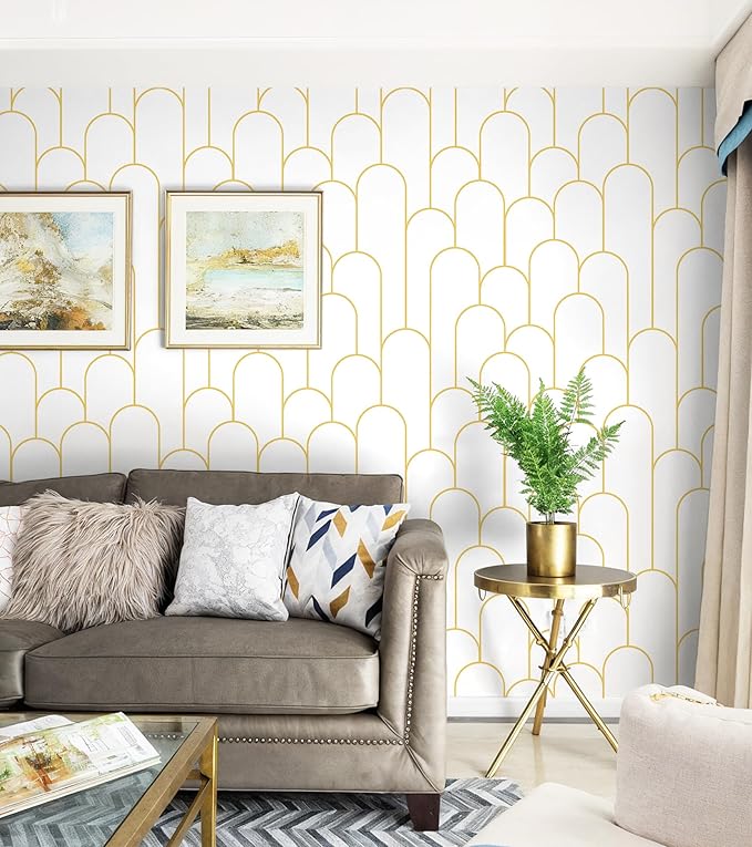 Yasinet Peel and Stick Wallpaper White and Gold Wallpaper Geometric Contact Paper Modern Stripe White Gold Removable Self Adhesive Wall Paper Decorative Wall Bedroom Vinyl Film 17.3''x118''