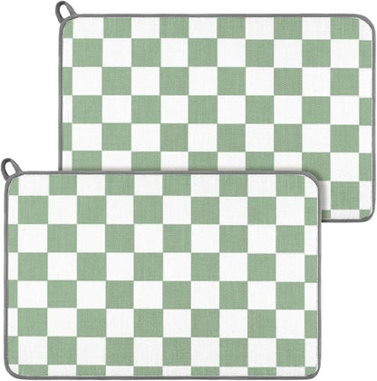 Zonon Green Checkered Dish Drying Mat for Kitchen Counter 16" x 24" Microfiber Absorbent Dish Drainer Rack Pads Fast Dry Mat Vintage Kitchen Decorations