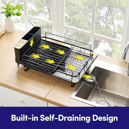 Dish Drying Rack Countertop Expandable Dish Drainer — Up to 26.7" Telescoping Extending Drying Station Organizer with Drainboard & Removable Utensil Holder — Dish, Silverware & Cup Storage, Black