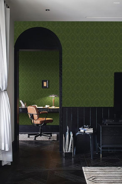 Dimoon 393"x16.1" Wallpaper Green Peel and Stick Removable Contact Paper Delicate Thicken Waterproof Retro Dark Green Self Adhesive Floral Wallpaper for Bedroom Shelf Liner Decal Vinyl Roll