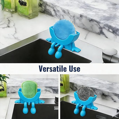 Cute Hanging Sponge Holder with Drainage,3D Printed Kitchen Funny Sponge Stand for Sink,with non-slip pads,Suitable for Scrub Daddy Holder,Keeps Your Sponge Dry Smiling (Blue)