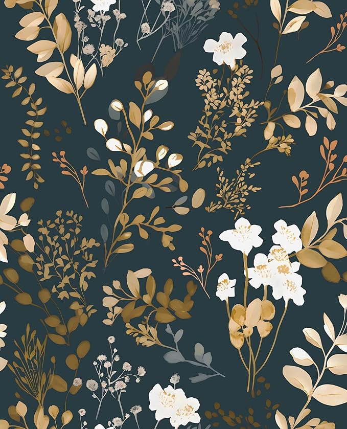 Laatse Navy Floral Wallpaper Peel and Stick Boho Wallpaper Vintage Blue/Gold Leaf Contact Paper Waterproof Self Adhesive Modern Wall Paper for Cabinet Walls Kitchen 17.5" x197"