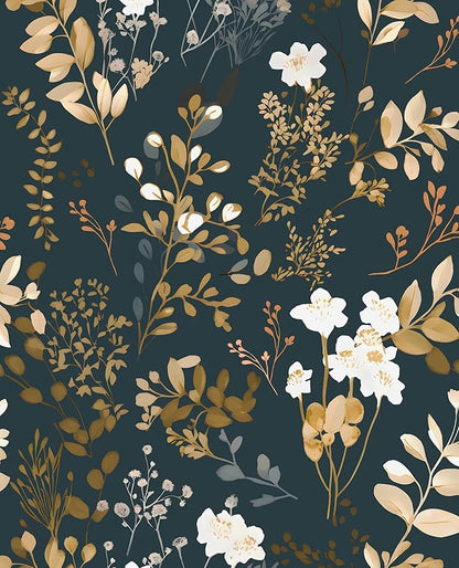 Laatse Navy Floral Wallpaper Peel and Stick Boho Wallpaper Vintage Blue/Gold Leaf Contact Paper Waterproof Self Adhesive Modern Wall Paper for Cabinet Walls Kitchen 17.5" x197"