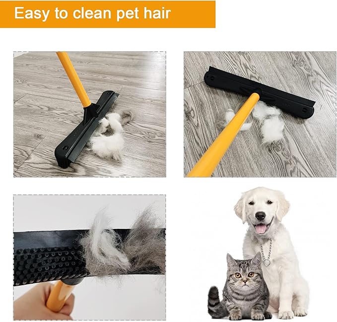 Push Broom,Pet Hair Removal Broom with Squeegee,Soft Silicone Bristle Broom with Long Handle,Non Scratch Carpet Sweeper Brush for Cat Dog Hair Hardwood(Orange) Extra Long for Tall People