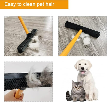 Push Broom,Pet Hair Removal Broom with Squeegee,Soft Silicone Bristle Broom with Long Handle,Non Scratch Carpet Sweeper Brush for Cat Dog Hair Hardwood(Orange) Extra Long for Tall People