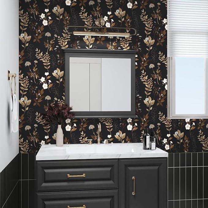 Fvlow Black Floral Wallpaper Peel and Stick Gold Leaf Contact Paper 17.4" x 118" Leaf Wallpaper Waterproof Self-Adhesive Wall Covering for Bedroom Countertop Desk Cabinets Decor