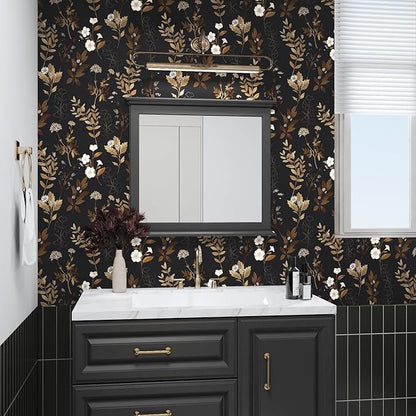Fvlow Black Floral Wallpaper Peel and Stick Gold Leaf Contact Paper 17.4" x 118" Leaf Wallpaper Waterproof Self-Adhesive Wall Covering for Bedroom Countertop Desk Cabinets Decor