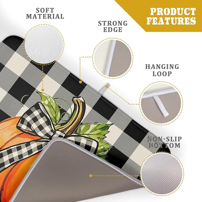 Fall Thanksgiving Pumpkin Dish Drying Mat for Kitchen Counter 18x24 Autumn Buffalo Plaid Bowknot Print Absorbent Reversible Microfiber Drying Mats Kitchen Countertop Protector Dishes Drainer Pad