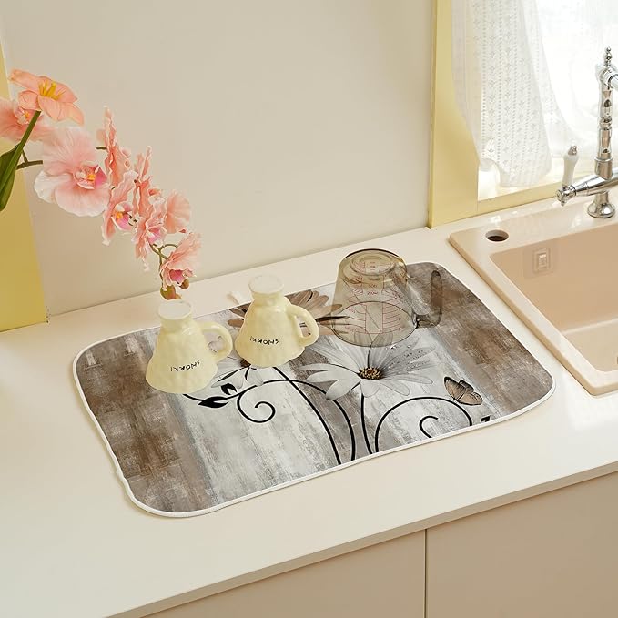 Floral Dish Drying Mat 18x24 Inches For Kitchen Counter Brown Daisy Flower Kitchen Decoration Drying Mat Modern Decorative Drying Pad For Home Kitchen Decor,Dining Room,Office Decor