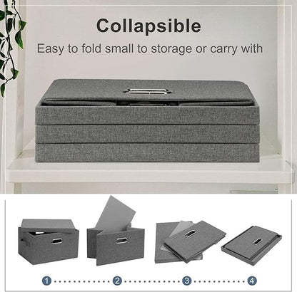 Medium 15" 21 Quart Collapsible Stackable Storage Bins with Lids, 1 Pack Gray Foldable Fabric Closet Storage Boxes with Lids, 4 Handles Heavy-duty Linen Cube Baskets for Bedroom