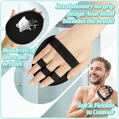 Upgrade Silicone Bath Glove with Straps, 360° Anti-Slip & Enlarged Exfoliating Body Scrubber for Rich Foaming Deep Cleaning, No-Grip & Hand-fit Shower Scrubber for All Skin Types(Blackx2)