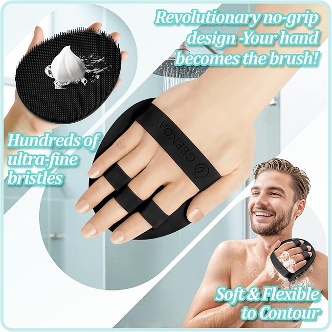 Silicone Body & Face Scrubber Set, 360° Anti-Slip & Hand-fit Silicone Shower Scrubber for Rich Foaming Deep Cleaning, Unique Facial Scrubber with Side-bristles for Contoured Areas.(Black)