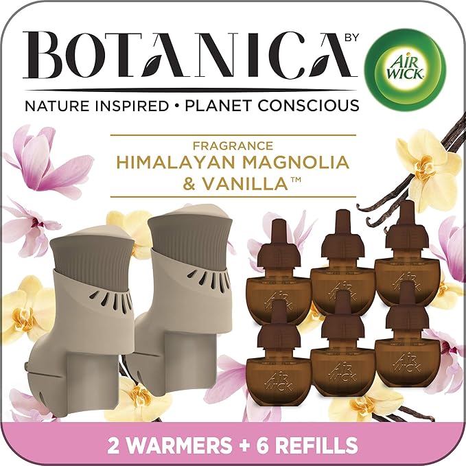Botanica by Air Wick Plug in Scented Oil Starter Kit, 2 Warmers + 6 Refills, Himalayan Magnolia and Vanilla, Air Freshener, Eco Friendly, Essential Oils