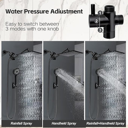 Shower Head, 8 inch Multifunction High Pressure Rain Shower Head with Handheld Spray Combo with 11'' Angle Adjustable Extension Arm/Flow Regulator/Shower System Matte Black