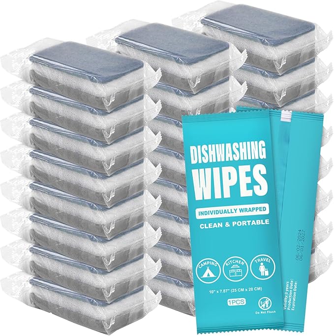 Individually Wrappe Dishwashing Sponges Bulk, Kitchen Cleaning Scouring Pads Dish Sponges Washing Disposable Dishes Soap Wipes Scrubbers Short Term Rental Supplies for Travel Camping 60 Pack (Grey)