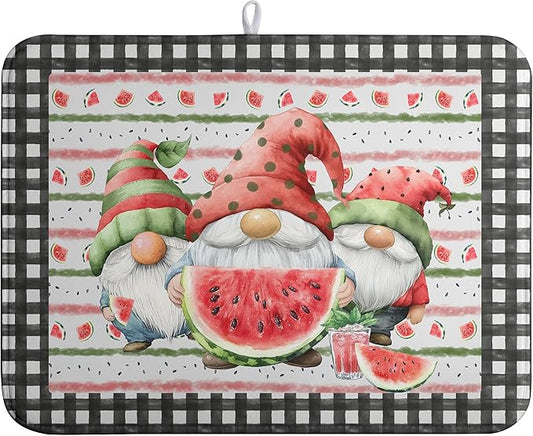Summer Gnomes Dish Drying Mat Watermelon Buffalo Plaid Large Kitchen Dish Drying Pad Absorbent Drying Mat for Countertops Dish Dryer Mat Microfiber Dishes Drainer Pad Dish Drying Rack Mat 18x24 in
