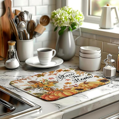 Fall Drying Mat for Kitchen Counter Autumn Thanksgiving Pumpkin Cross Dish Mat Sunflower Maple Leaf Absorbent Microfiber Dish Draining Mat Reusable Dishes Pad Medium 16"x18"