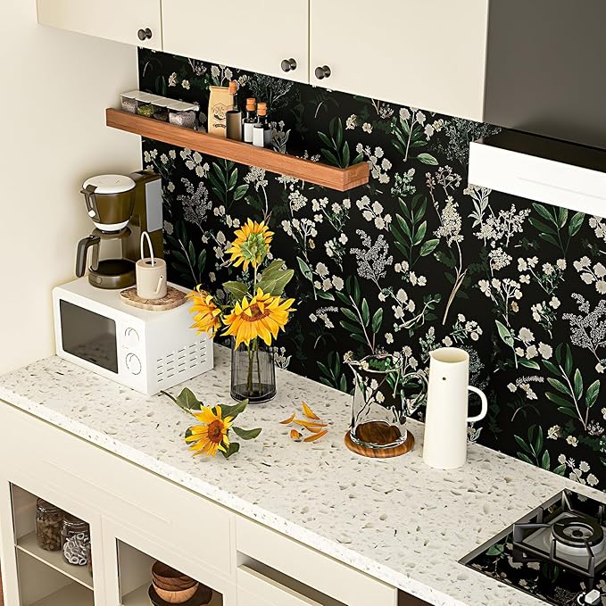 Laatse Dark Floral Wallpaper Peel and Stick Green Leaf Wallpaper Vintage Flowers Contact Paper Waterproof Self Adhesive Boho Delicate Wall Paper for Cabinet Kitchen Walls Locker 17.5in x32.8ft
