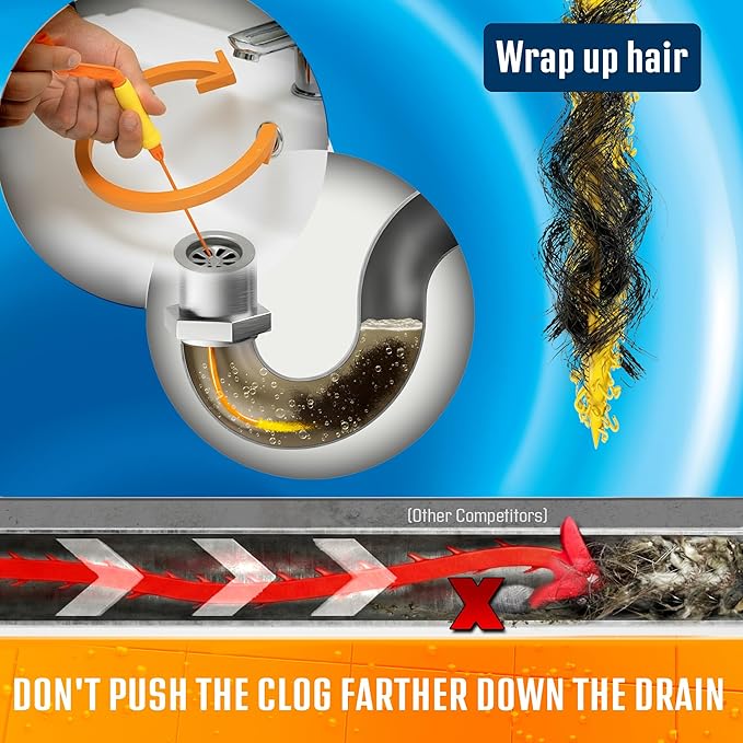 FlexiSnake Drain Weasel Sink Snake Hair Clog Remover Tool, Sink, Pipe, Bathroom, Bathtub Drain Cleaner, 18-inch Long, Flexible, Made in The USA, 10 Pack Wand Refills and Removable Handle