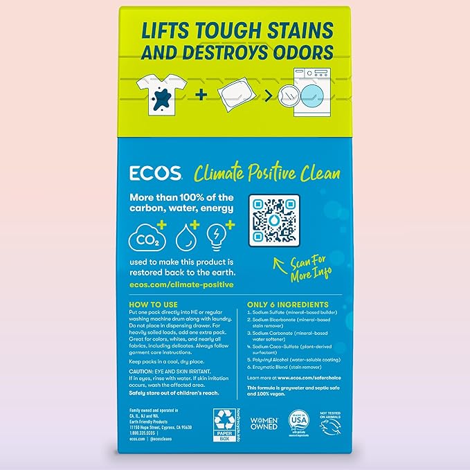 ECOS Laundry Detergent Packs, 80 Loads - 100% Plastic Free Packaging - Convenient No Mess Washing Soap Packs - Hypoallergenic for Sensitive Skin - Free & Clear
