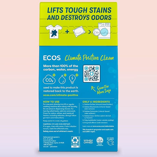 ECOS Laundry Detergent Packs, 80 Loads - 100% Plastic Free Packaging - Convenient No Mess Washing Soap Packs - Hypoallergenic for Sensitive Skin - Free & Clear