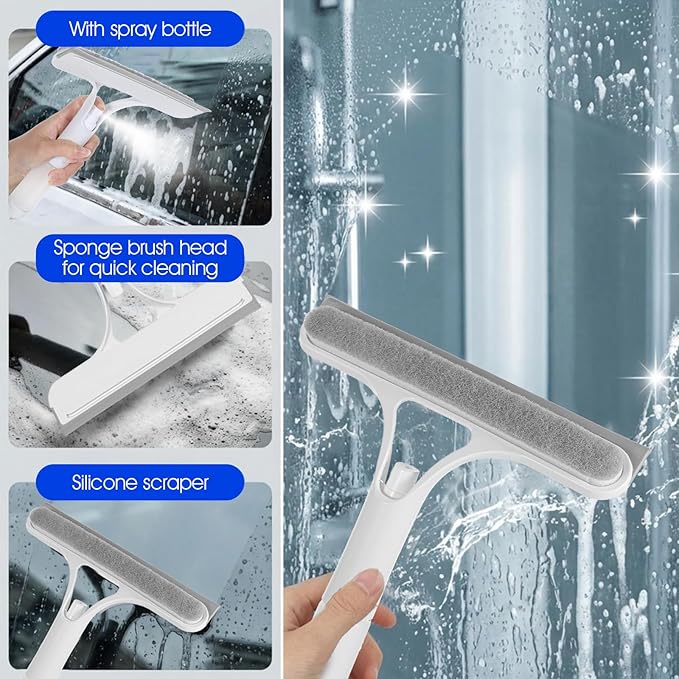 cobee 3 in 1 Squeegee for Shower Glass, 3 in 1 Window Cleaning Scraper Window Squeegee with Sprayer Windows SqueegeeCleaner All-Purpose Windows Cleaner Tool for Bathroom Kitchen Car Mirrors Glass