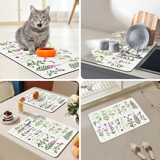 Bloss Dish Drying Mat, Spring Flower Printed Coffee Bar Mat, Kitchen Counter Mat, Hide Stain Rubber Backed Dish Drying Pad/Spring Decor for Desk(16.1"x24.1", 2-Row Flower)