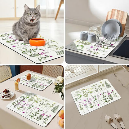 Bloss Dish Drying Mat, Spring Flower Printed Coffee Bar Mat, Kitchen Counter Mat, Hide Stain Rubber Backed Dish Drying Pad/Spring Decor for Desk(16.1"x24.1", 2-Row Flower)