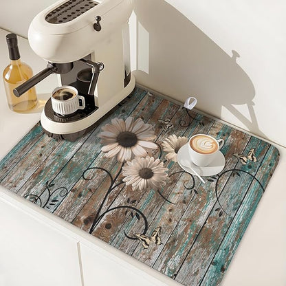 Spring Daisy Dish Drying Mat for Kitchen Counter 18 x 24 Inch Vintage Farmhouse Dish Drainer Mat Absorbent Microfiber Shabby Chic Flowers Dish Rack Pad for Coffee Dining Bar Decor
