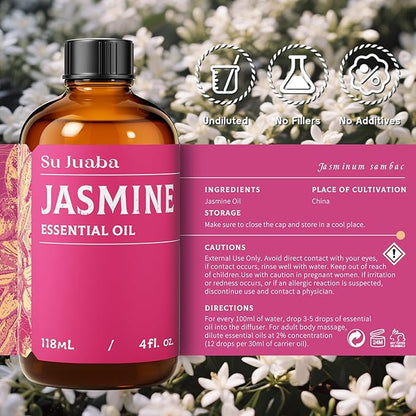SU JUABA Jasmine Essential Oil 4 Oz, 100% Pure Natural Aromatherapy Oil for Diffuser, Skin Care, Hair & Perfume Making - 118ML