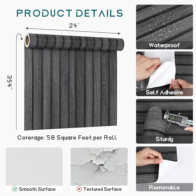 VEELIKE Charcoal Black Wood Slat Wallpaper Peel and Stick Modern Wood Panel Wallpaper for Accent Walls Backdrop 24''x354'' Self Adhesive Removable Slat Wall Paneling for Bedroom Bathroom Living Room