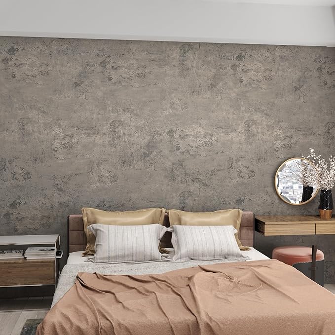 3yecao 48"×591" Large Size Big Roll Extra Wide Thick Light Beige Brown Grey Concrete Wallpaper Peel and Stick Waterproof Gray Concrete Contact Paper Vinyl Adhesive Cement Tile Sticker for Gym Bedroom