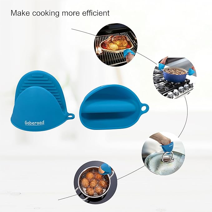 Thickened Mini Silicone Oven Mitts Heat Resistant, Rubber Oven Mitt Gloves, Finger Pinch Grips, Pot Holder, Silicone Potholder for Kitchen Cooking & Baking 1 Pair, Blue