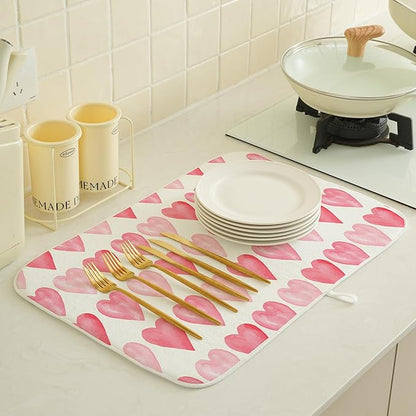 Valentine's Dish Drying Mat 18x24 Inches For Kitchen Counter Absorbent Pink Love Heart Kitchen Mother's Day Anniversary Wedding Drying Mat Pad For Home Kitchen,Dining Room,Office Decoration