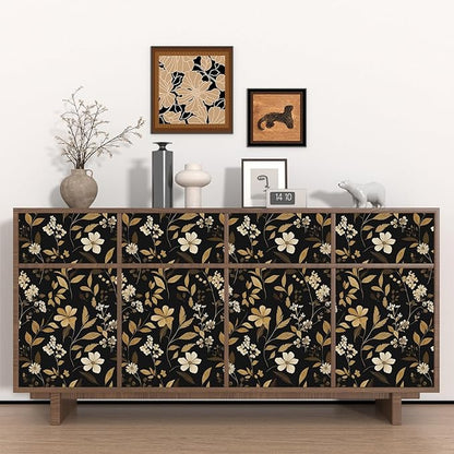 Fvlow Black Floral Wallpaper Peel and Stick Gold Leaf Contact Paper 17.4" x 118" Boho Wallpaper Waterproof Self Adhesive Wall Covering for Bedroom Countertop Desk Cabinets Decor