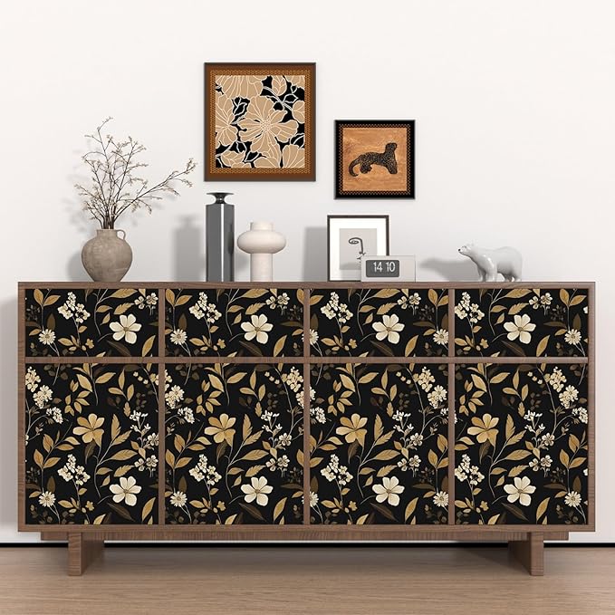 Fvlow Black Gold Floral Wallpaper Retro Peelable Wall Paper 17.4" x 394"Vintage Dark Contact Paper Renter Friendly Covering for Bedroom Bathroom Cabinet Home Decor