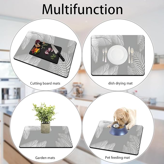 Dish Drying Mat for Multiple Usage. Super Absorbent, Easy clean, Quick dry, Cocina Accesorios for Kitchen Counter or Faucet Sink, Coffee bar, Refrigerator or Air fryer liners, 16*24“ Leaf