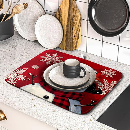 Christmas Snowman Dish Drying Mat for Kitchen Counter 16x18 Xmas Snowflake Winter Holiday Dark Red Absorbent Reversible Microfiber Drying Mats Kitchen Countertop Protector Dishes Drainer Rack Pad