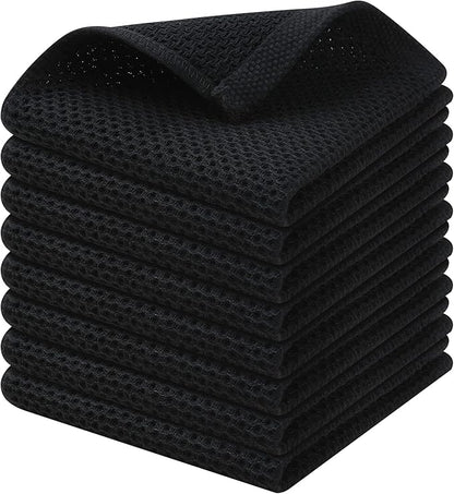 Kitinjoy 100% Cotton Kitchen Dish Cloths (12 X 12 Inches, Black), 8 Pack Waffle Weave Ultra Soft Absorbent Dish Towels for Drying Dishes Quick Drying Kitchen Towels Dish Rags