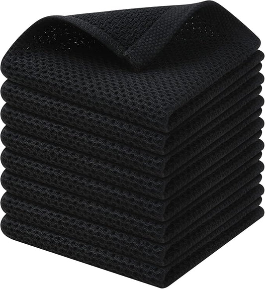 Kitinjoy 100% Cotton Kitchen Dish Cloths (12 X 12 Inches, Black), 8 Pack Waffle Weave Ultra Soft Absorbent Dish Towels for Drying Dishes Quick Drying Kitchen Towels Dish Rags
