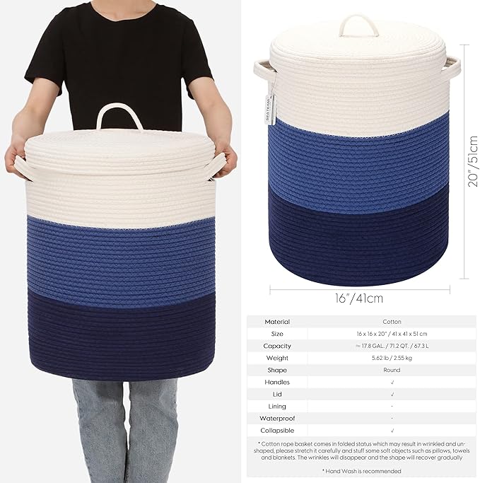 Sea Team Large Size Cotton Rope Woven Storage Basket with Lid, Lidded Laundry Hamper with Handles, Fabric Bucket with Cover, Clothes Toys Organizer for Kid's Room, 16 x 20 inches, White & Navy