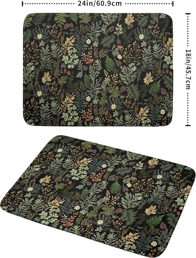 Black Green Botanical Dish Drying Mat for Kitchen Counter 18x24 Inch Super Absorbent Microfiber Kitchen Drying Mat Green Plant Fern Leaves Floral Dish Reusable Washable Dish Drying Pad for Coffee Bar
