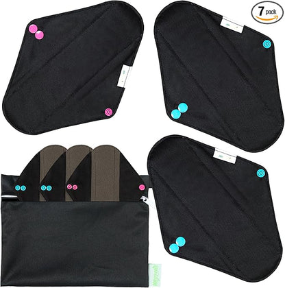 wegreeco Charcoal Reusable Menstrual Pads - Reusable Sanitary Pads | Reusable Panty Liners | Soft Cloth Menstrual - 6 Pack with 1 Cloth Mini Wet Bag (Medium, Black)