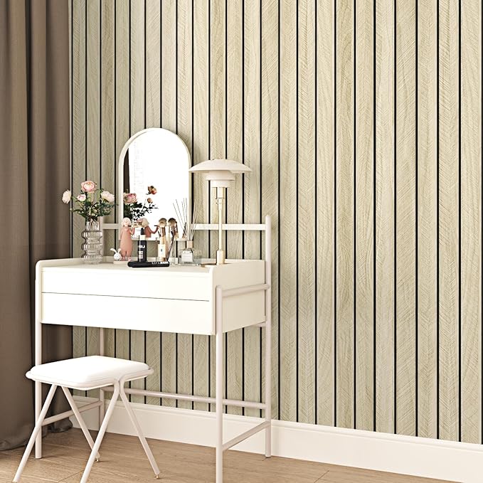 Wallercity Light Brown Wood Slat 3D Wall Panels Self Adhesive Soundproof Wooden Panel for Bedroom Living Room Peel and Stick Wood Paneling for Interior Decor Waterproof Acoustic Fence 11.7''x197''