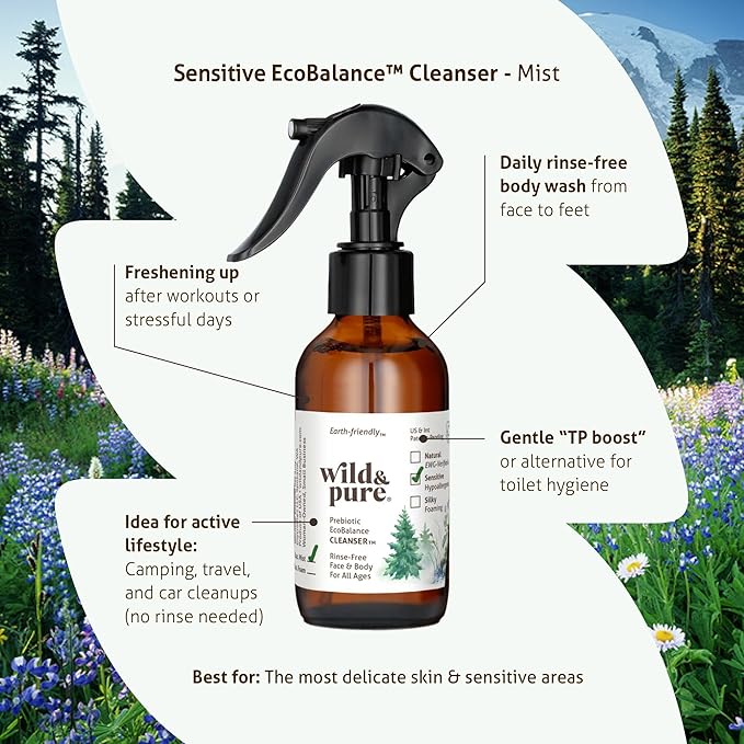 Wild & Pure Sensitive Skin Spray Body Wash (4oz) | Cleanser, Deodorizer, Moisturizer for Face, Hands, Body & Below the Belt | pH-Balanced, Microbiome-Friendly | EcoBalance Refillable Skincare