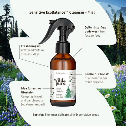 Wild & Pure Sensitive Skin Spray Body Wash (8oz) | Cleanser, Deodorizer, Moisturizer for Face, Hands, Body & Below the Belt | pH-Balanced, Microbiome-Friendly | EcoBalance Refillable Skincare
