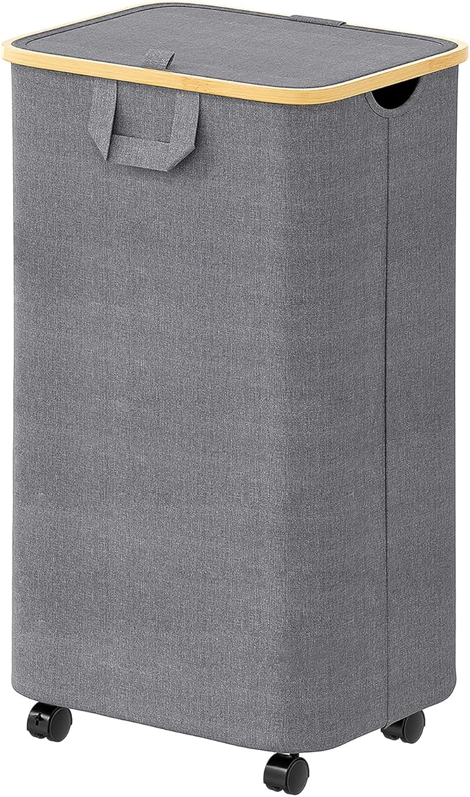 SpaceAid Laundry Hamper with Wheels and Lid, 26 Gal (100L) Rolling Clothes Basket with Bamboo Handle, Large Laundry Hamper for Bedroom, Bathroom, Dorm, Laundry Room - Grey