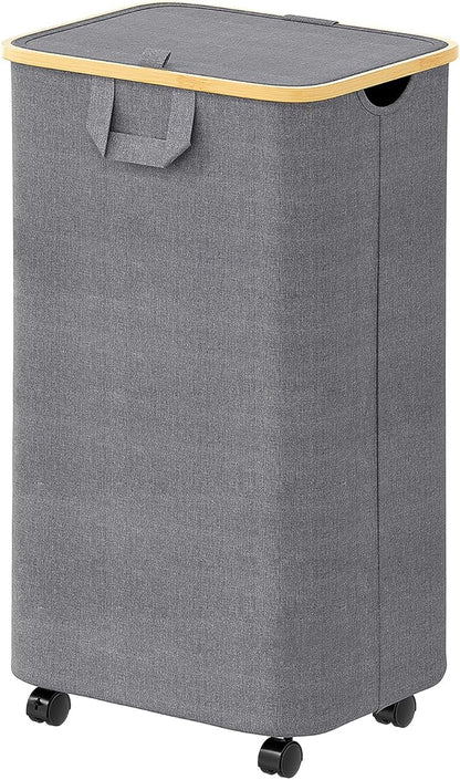 SpaceAid Laundry Hamper with Wheels and Lid, 26 Gal (100L) Rolling Clothes Basket with Bamboo Handle, Large Laundry Hamper for Bedroom, Bathroom, Dorm, Laundry Room - Grey