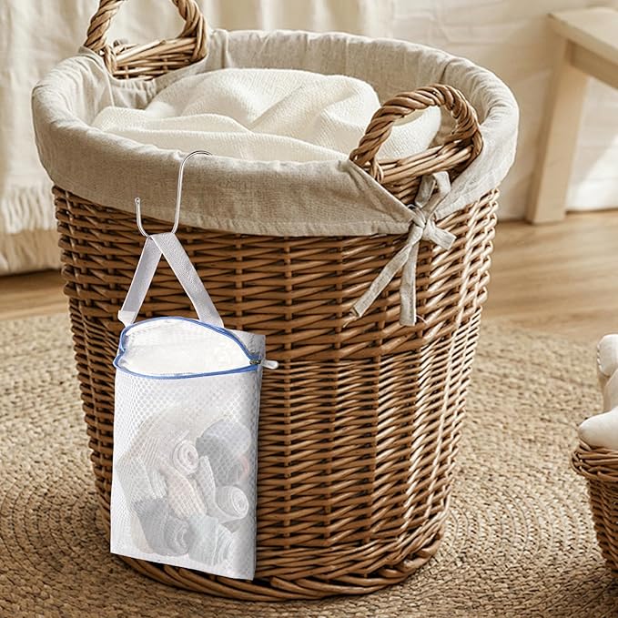 5 PACK Hanging Mesh Laundry Bags with S Metal Hooks,10x12 Inch Hanging Socks Laundry Bags, Washing Machine, for Ball Storage, Travel, Toys, Sports Factories, Dorms