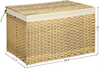 SONGMICS Storage Basket with Lid, Woven Blanket Storage Bin with Handles, Foldable, Removable Liner, Metal Frame, for Bedroom, Laundry Room, 42.3 Gallons (160 L), Natural URST76NL